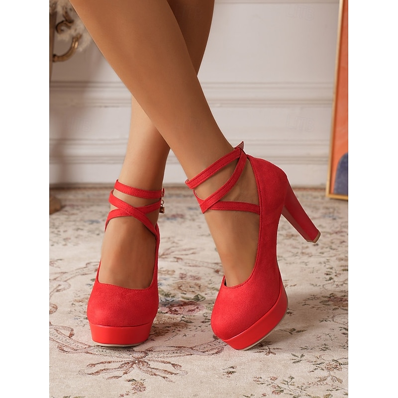 Women's 1950s Black Suede Platform Pumps with Ankle Strap and Crystal Charm – Stylish High Heel Shoes for Evening Parties and Formal Occasions