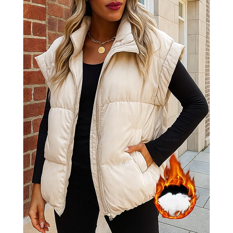 Women's Fleece Vest Winter Vest Lounge Top with Pockets Short Sleeve Top Athleisure Solid Colored Windproof Warm Hiking Travel Vacation Sportswear Activewear White Pink Fuchsia