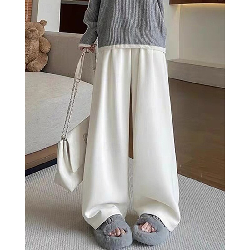 Women's Fleece Pants Wide Leg Pants Trousers Fashion Streetwear Full Length High Waist Plain Elastic Waist Knitted Warm Comfortable Micro-elastic Street Daily Wear Going out Light Coffee Black Dark4
