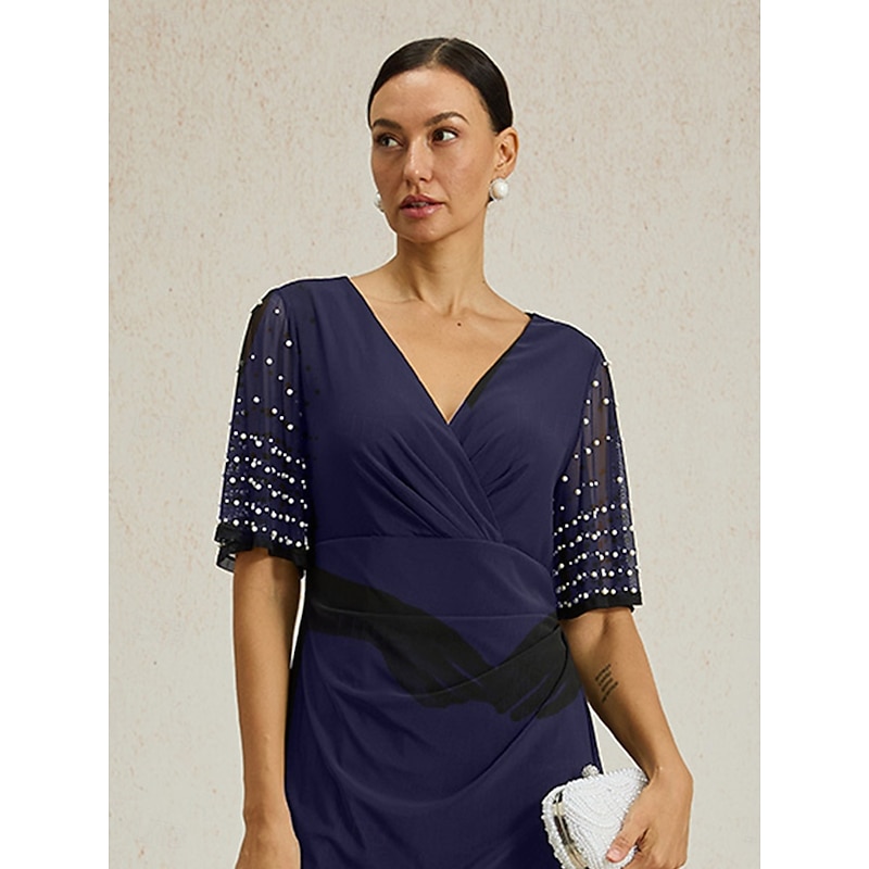 Women's Maxi Dress Sheath Dress Elegant Solid Color Short Sleeve V Neck Navy Blue Summer Spring Fall2