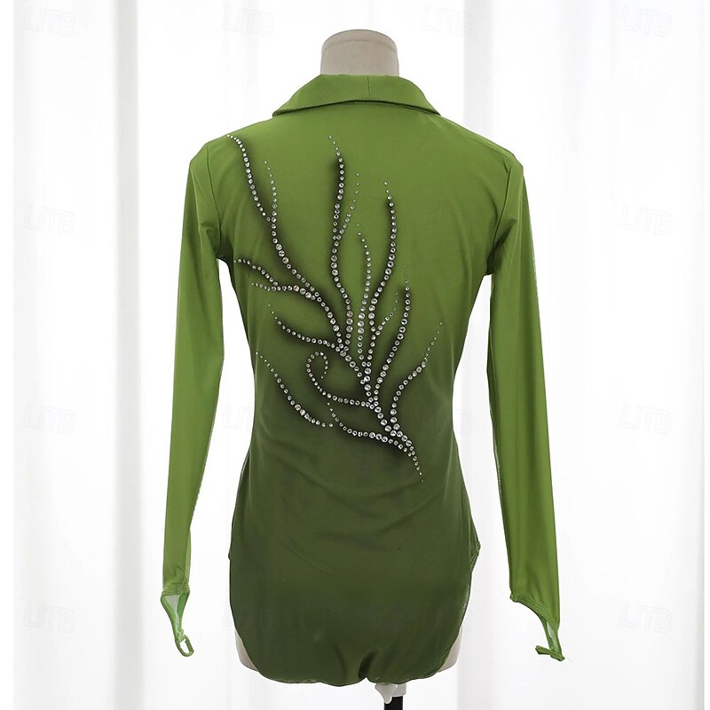 Figure Skating Top Men's Boys' Ice Skating Tops Army Green Patchwork Thumbhole Spandex High Elasticity Training Competition Skating Wear Classic Crystal / Rhinestone Long Sleeve Ice Skating Figure2