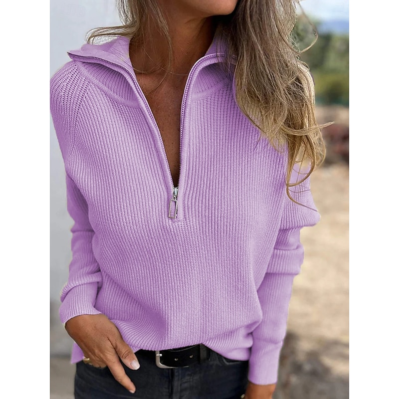 Women's Quarter Zip Pullover Elegant Vintage Streetwear Solid Color Ribbed Shirt Collar Zipper Long Sleeve Regular Tops Knit School Formal Outdoor Black Pink Spring Fall4
