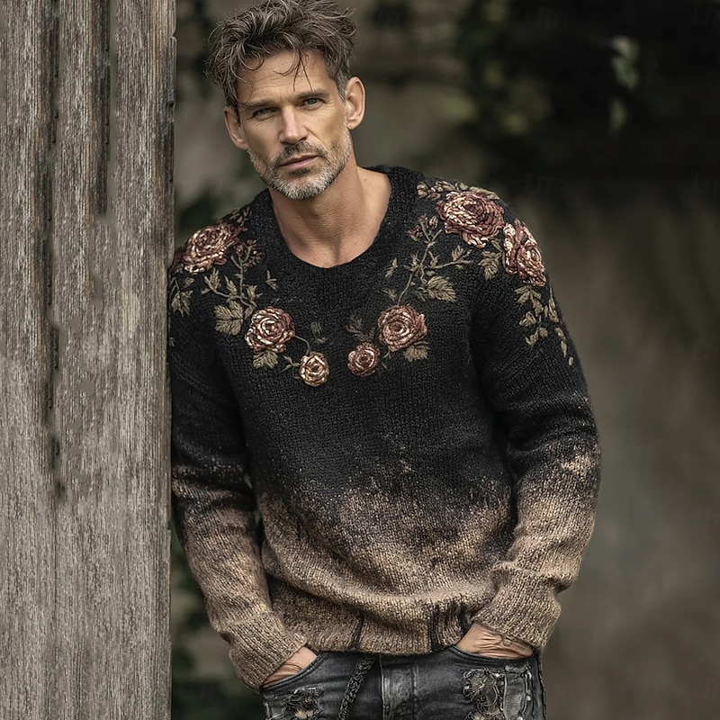 Men's Pullover Sweater Jumper Knit Sweater Ribbed Knit Regular Tops Knitted Print Floral Print Crew Neck Vintage Country Vacation Daily Wear Clothing Apparel Fall Winter Brown S M L2