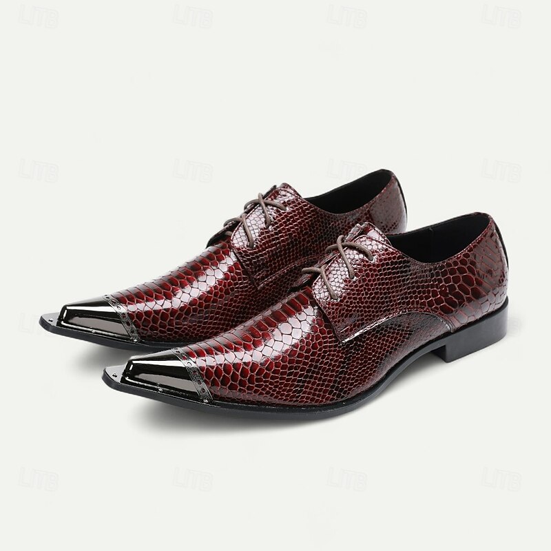 Men's Burgundy Genuine Leather Snake Print Lace-Up Oxford Shoes – Formal Party and Evening Dress Footwear2