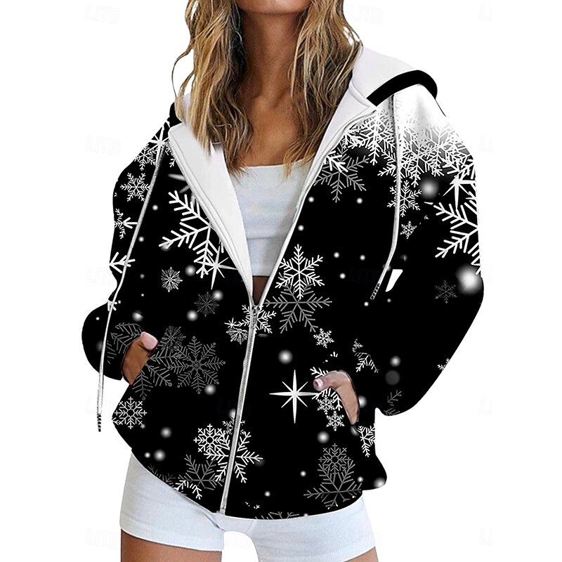 Women's Zip Up Hoodies Graphic Snowflake Christmas Fashion Casual Long Sleeve Hooded Regular Tops Street Dailywear Zip Up Zipper Pocket Black Wine Red Light Blue Fall Winter