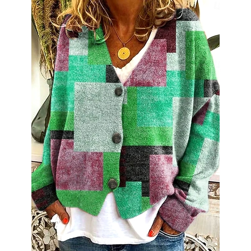 Women's Sweater Cardigan Elegant Vintage Fashion Graphic Geometric Crew Neck V Neck Pocket Knitted Print Long Sleeve Regular Tops Knit Outdoor Daily Weekend Red Brown Blue Fall Winter3