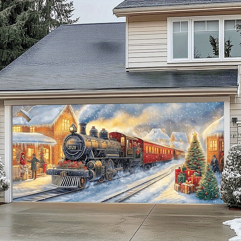 Christmas Outdoor Garage Door Cover Christmas Snow Village Reindeer Santa Claus Nativity Scene Christmas Tree Large Tapestry Backdrop Decoration For Holiday Outdoor Garage Door Home Wall Decorations4