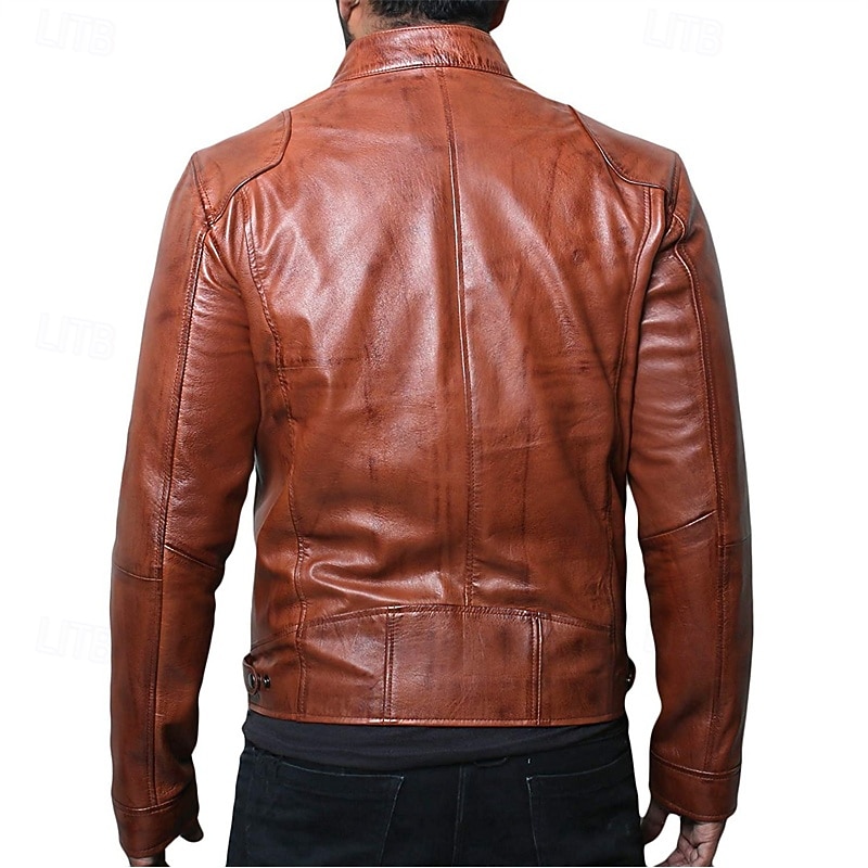 Men's Faux Leather Jacket Biker Jacket Motorcycle Jacket Vacation Daily Windproof Warm Pocket Fall Winter Plain Fashion Classic Stand Collar Regular Brown Khaki Jacket4