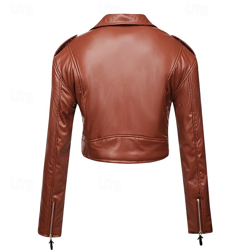 Women's Faux Leather Jacket Warm Comfortable Zipper Casual Solid Color Vacation Street Casual Daily Wear Short Lapel Regular Fit Long Sleeve Outerwear Black Fuchsia Coffee Fall Winter3