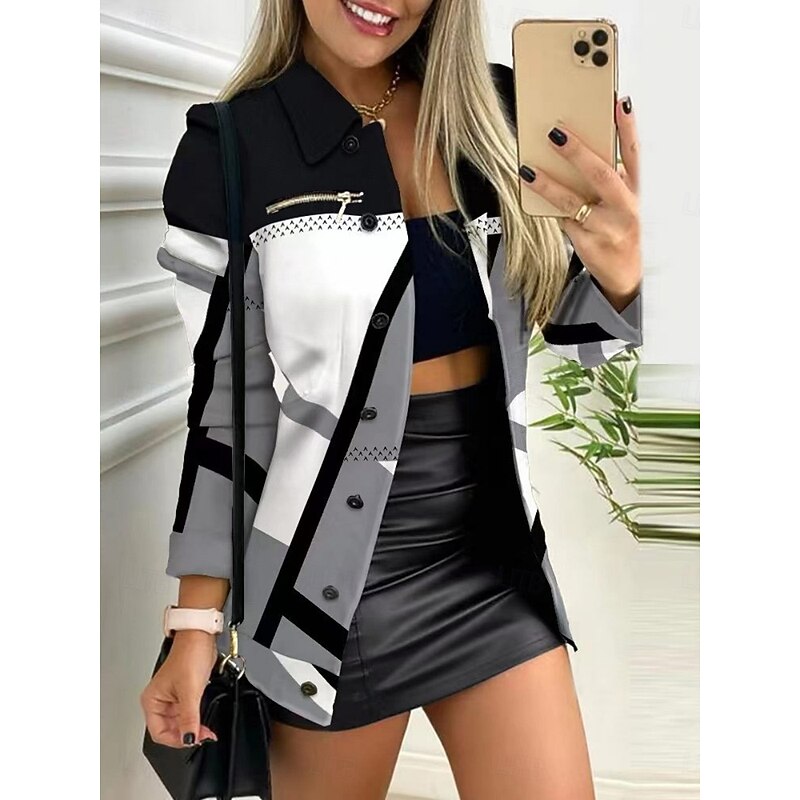 Women's Casual Jacket Comfortable Breathable Buttons Print Casual Geometric Vacation Street Casual Daily Wear Single Breasted Regular Stand Collar Regular Fit Long Sleeve Outerwear Black Red Khaki - Main Image