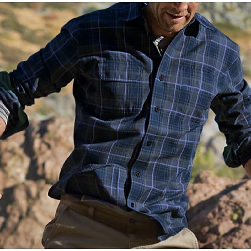 Men's Shirt Casual Shirt Button Up Shirt Checked Shirts Navy Blue Blue Brown Green Dark Gray Long Sleeve Graphic Plaid Turndown Vacation Street Print Clothing Apparel Stylish Modern Contemporary