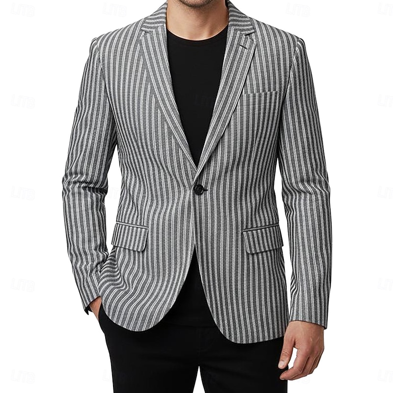 Men's Blazer Jacket Work Business Spring & Summer Fall & Winter Polyester Vertical Stripes Single Breasted One-button Blazer Dark Gray Light Grey