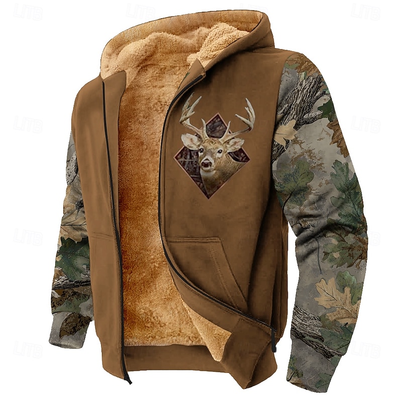 Men's Camo Camouflage Deer Fleece Hoodie Jacket Classic Military Crew Neck Outdoor Camping Black Brown Zip Up Fall Winter Designer2
