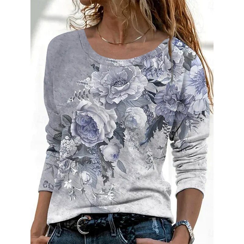 Women's T Shirt Ombre Floral Graphic Vintage Fashion Stylish Long Sleeve Round Neck Regular Tops Daily Weekend Print Yellow Pink Blue Purple Gray Spring Fall Winter4