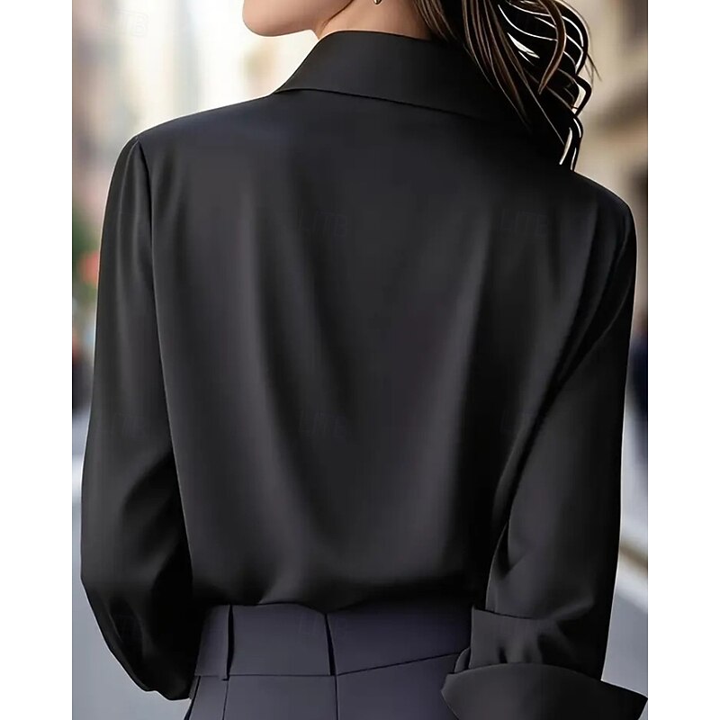 Women's Shirt Elegant Dressy Satin Plain Elegant Stylish Long Sleeve Shirt Collar Regular Tops Holiday Going out Buttons Black White Spring Fall4