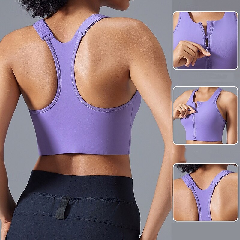 Women's Sports Tank Top Racerback Bra Underwear High Supports Breathable Front Zipper Padded Solid / Plain Color Sport Activewear Black White Gym Running Fitness