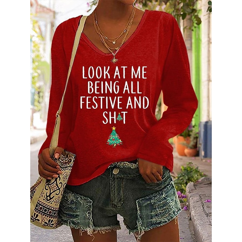 Christmas Women's T Shirt Graphic Christmas Tree Letter Vintage Stylish Classic Long Sleeve V Neck Regular Tops Daily Print Black White Pink Red Green Spring Fall Winter