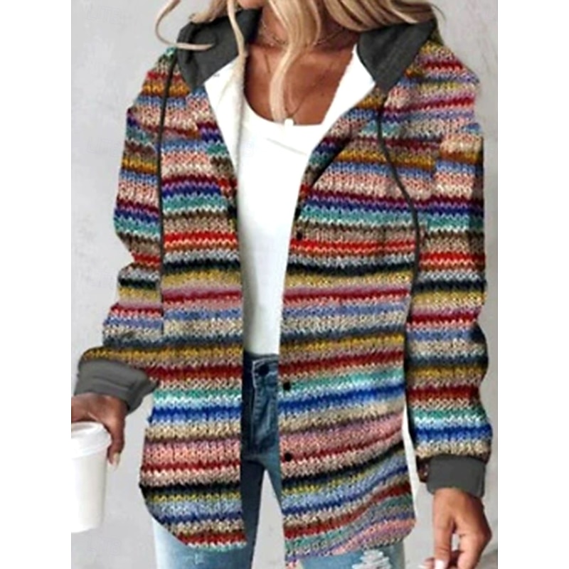 Women's Pullover Hoodie Sweatshirt Graphic Geometric Striped Casual Boho Long Sleeve Hooded Regular Tops Street Dailywear Casual Print Maroon Brown Gray Fall Winter4