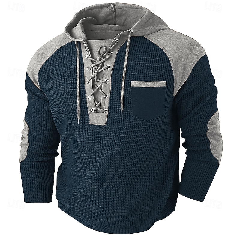 Men's Waffle Tee Waffle Henley Shirt Long Sleeve Hooded Spring &  Fall Solid Color Fashion Drawstring Pockets Patchwork Outdoor Party / Evening Street Black Gray Blue Top Tee for Men