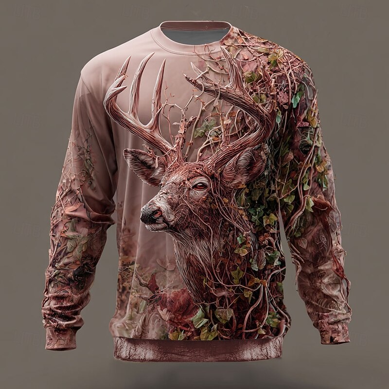Men's Leaf Deer Sweatshirt Casual Crew Neck Vacation Party Gift Burgundy Brown Crewneck 3D All Seasons Designer3
