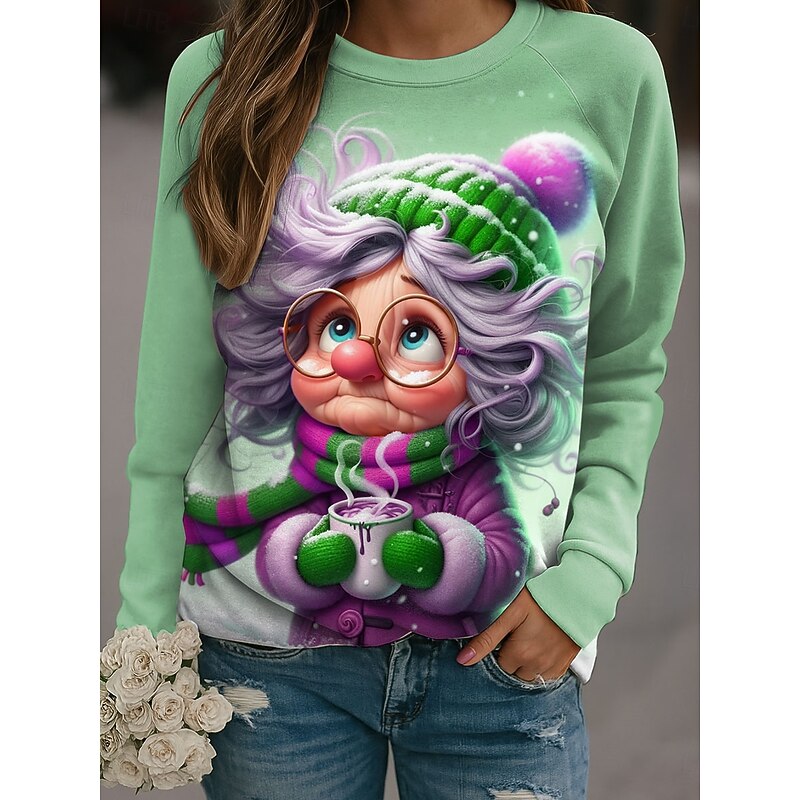 Women's Pullover Graphic Snowflake Casual Long Sleeve Crew Neck Regular Tops Casual Holiday Blue Purple Green Khaki Spring Fall Winter3