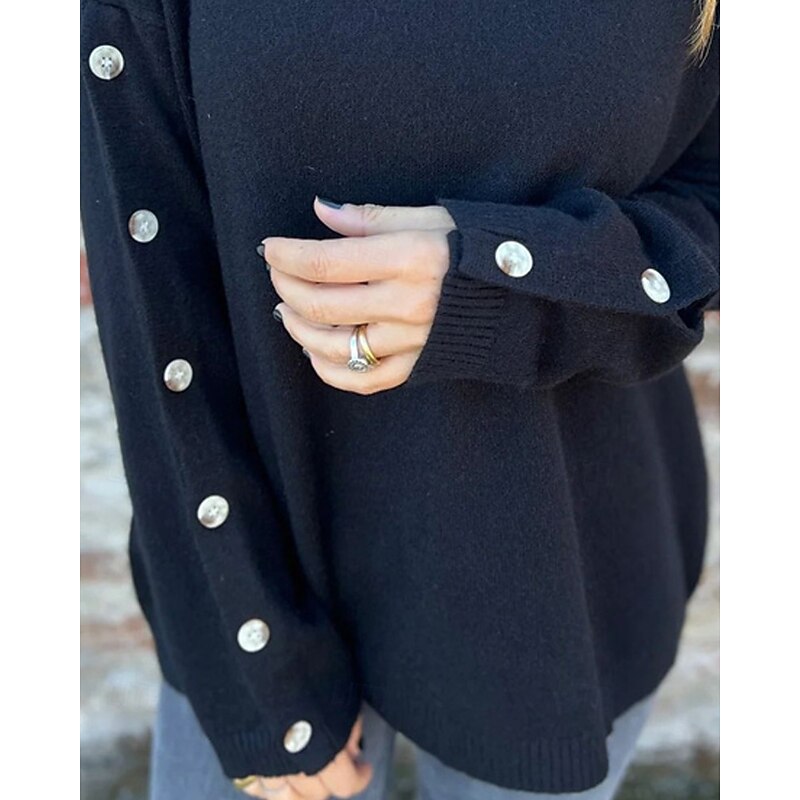 Women's Sweater Fashion Streetwear Casual Pure Color Ribbed Turtleneck Buttons Knitted Long Sleeve Regular Tops Knit Outdoor Daily Weekend Black Fall Winter3