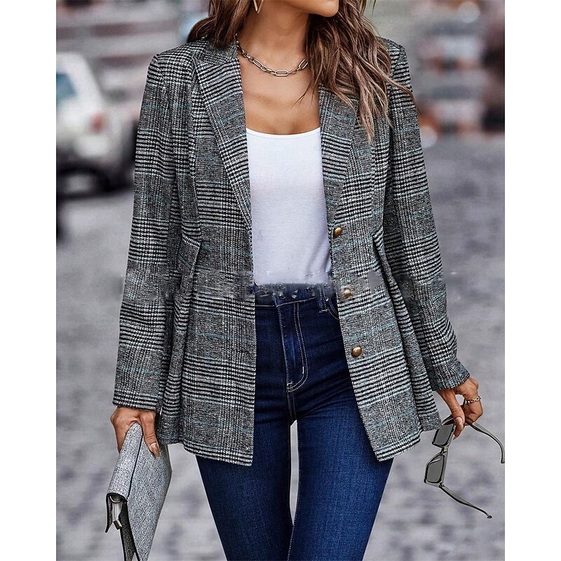 Women's Blazer Comfortable Buttons Elegant Fashion Outdoor Lattice Going out Casual Daily Weekend Cardigan Regular Lapel Regular Fit Long Sleeve Outerwear Black Orange Spring Fall4