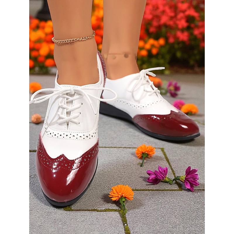 Women's Burgundy and White Oxford Wingtip Flats – 1950s Vintage Patent Faux Leather Brogues for Casual Street Style and Workwear3
