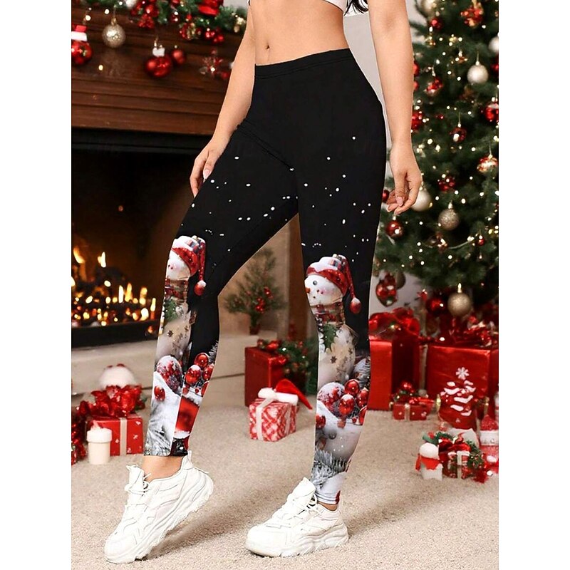 Women's Slacks Leggings Cozy Leggings Vacation Vintage Streetwear Full Length NaturalPantsUgly Christmas Graphic Snowman Snowflake Elastic Waist Print Comfy Outdoor Comfortable High Elasticity2