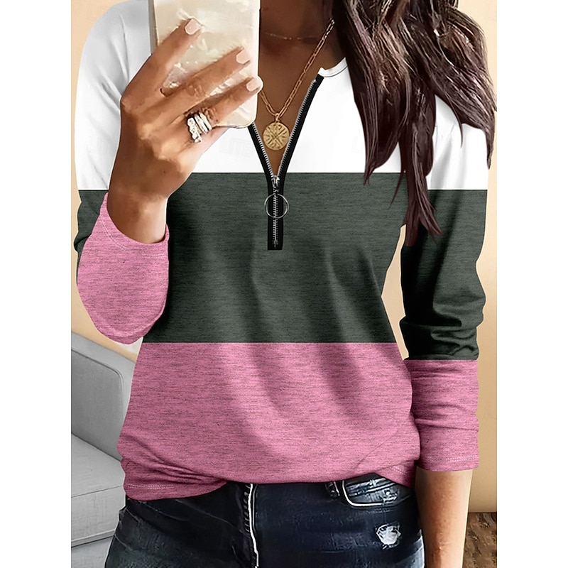 Women's T Shirt Graphic Geometric Vintage Fashion Stylish Long Sleeve Crew Neck Regular Tops Daily Zipper Print Pink Blue Green Spring Fall Winter