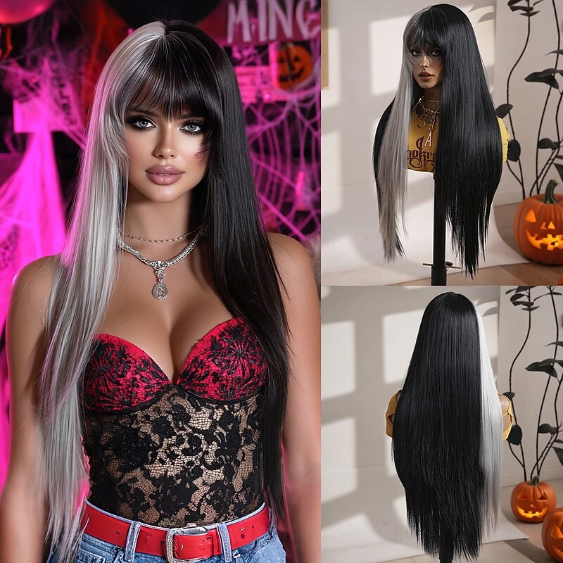 Synthetic Wig Straight Natural Straight Middle Part Neat Bang Wig 30 inch Black / Gold Synthetic Hair 30 inch Women's Soft Classic Comfy Multi-color