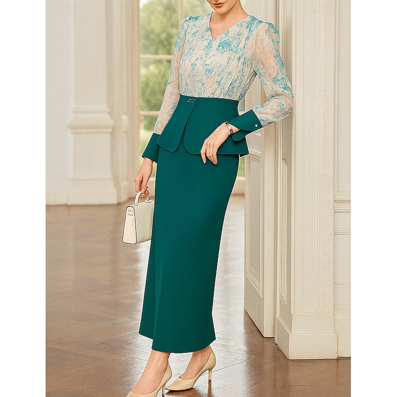 Two Piece Dress Sets Mother of the Bride Dress Formal Elegant Vintage V Neck Tea Length Chiffon Long Sleeve with Color Block3