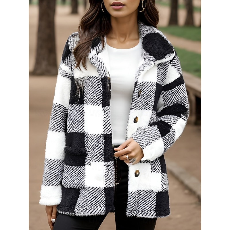 Women's Fleece Jacket Sherpa Jacket Casual Jacket Comfortable Breathable Pocket Buttons Print Casual Plaid Vacation Street Casual Daily Wear Single Breasted Long Turndown Regular Fit Long Sleeve
