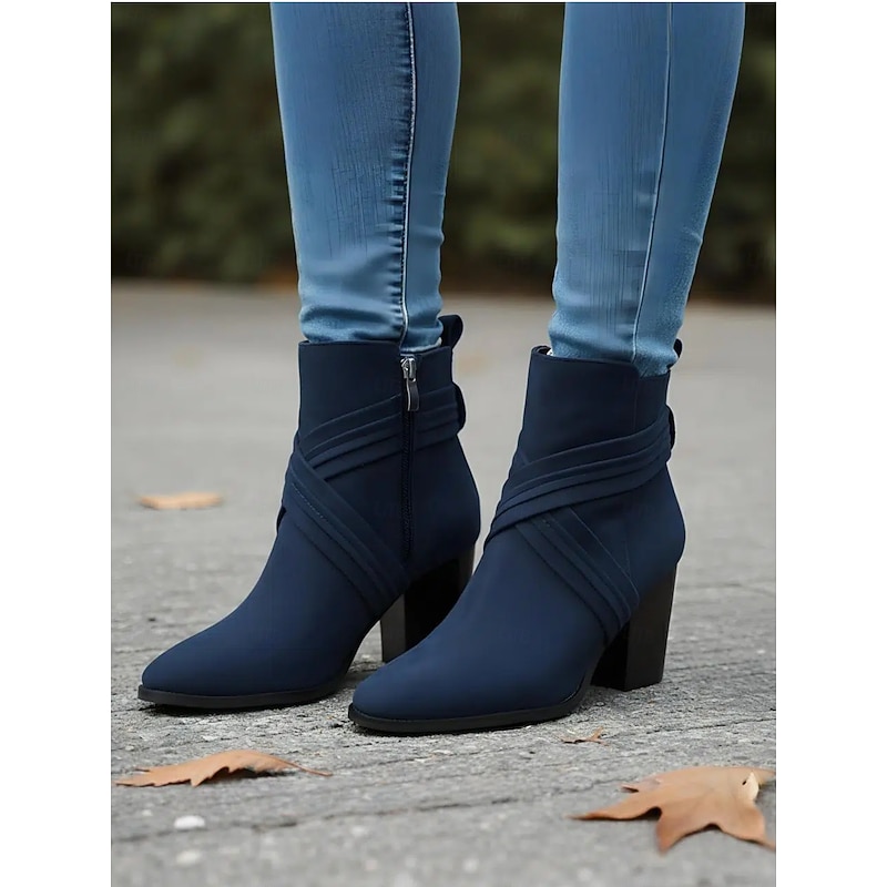 Women's Blue Suede Ankle Boots – Stylish Block Heel Short Booties with Side Zipper for Casual Fall and Winter Outfits2