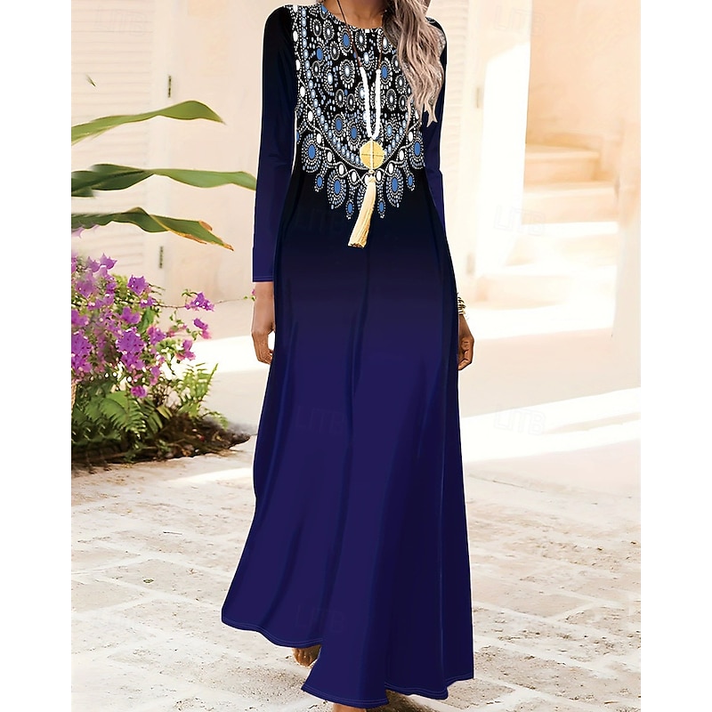 Women's Long Dress Maxi Dress Boho Dress Elegant Vintage Fashion Outdoor Party Daily Loose Fit Graphic Butterfly Abstract Long Sleeve Crew Neck Blue Spring Autumn
