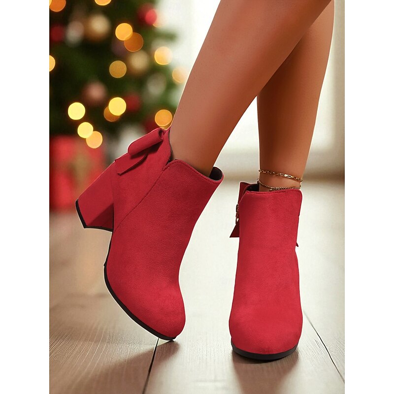 Women's Red Faux Suede Ankle Boots with Side Zipper and Bow Detail – Chic Block Heel Booties for Christmas Parties, Date Nights and Daily Wear2
