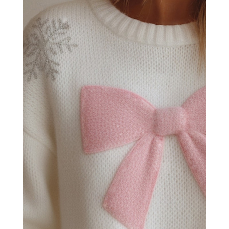 Women's Sweater Pullover Daily Casual Graphic Snowflakes Ribbed Crew Neck Knitted Print Long Sleeve Regular Tops Knit Outdoor Weekend White Fall Winter2