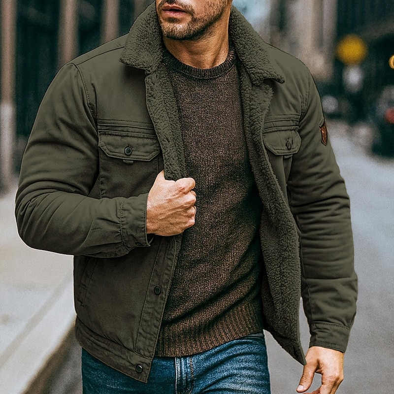 Men's Fleece Jacket Cargo Jacket Chore Jacket Formal Home Windbreaker Durable Pocket Fleece Collar Fall Winter Solid Color Active Vintage Collar Regular Navy Blue Khaki Army Green Jacket4