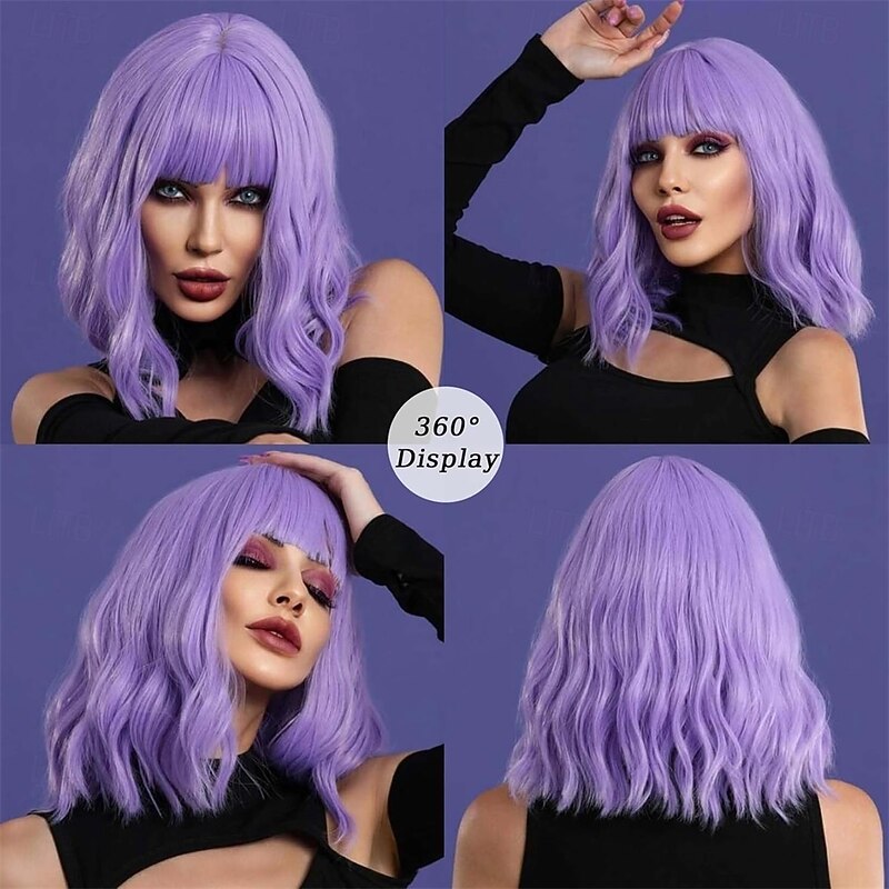 Purple Wig with Bangs Soft Short Bob Wavy Wigs for Women Synthetic Shoulder Length Women's Curly Wigs for Halloween Costumes Cosplay Daily3