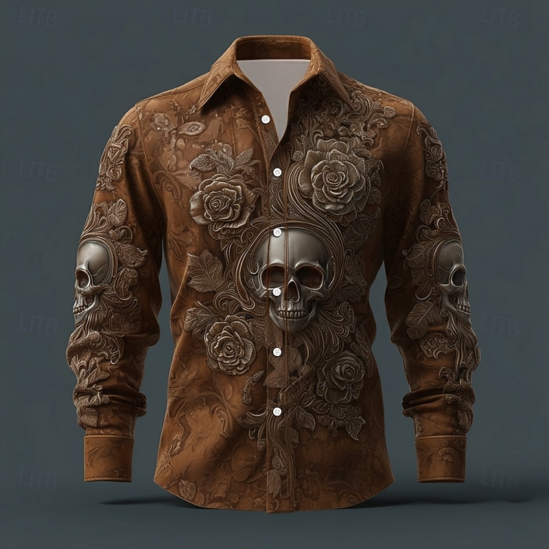 Men's Skull Floral Print Day of the Dead Shirt Button Up Shirt Long Sleeve Vintage Retro Dark Gothic Style Outdoor Holiday Spring Fall Turndown 3D Print Collared Shirts Black Red Blue Orange Brown3