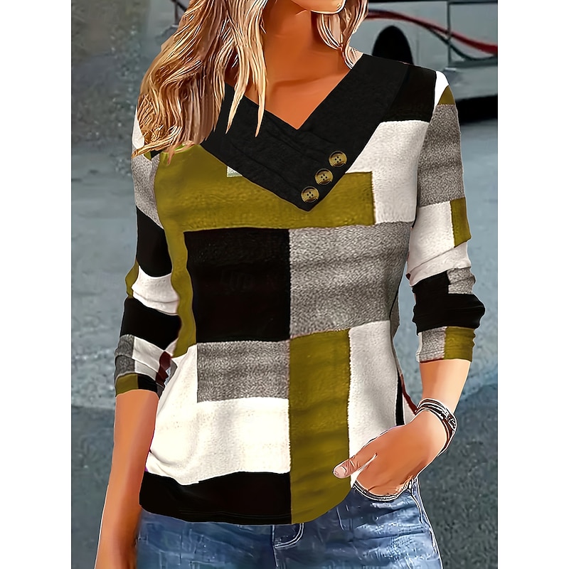 Women's T Shirt Graphic Geometric Color Block Vintage Stylish Classic Long Sleeve V Neck Regular Tops Daily Buttons Print Asymmetrical Grass Green Black and gray Wine Fall Winter3