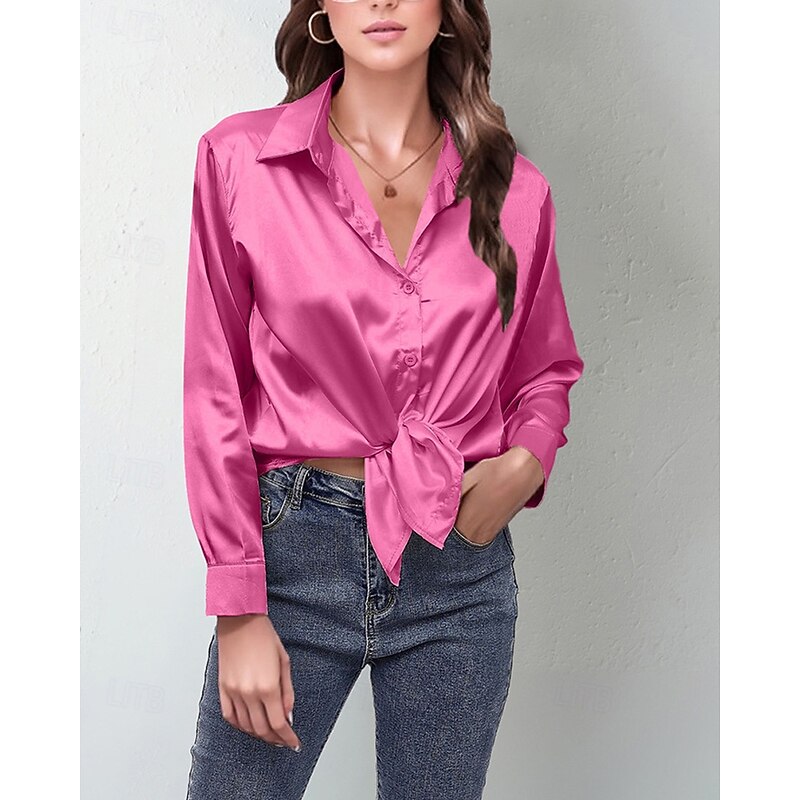 Women's Shirt Elegant Dressy Satin Solid Color Stylish Casual Long Sleeve Shirt Collar Regular Tops Daily Going out Buttons Light Green Pink Blue Camel Green Spring Fall