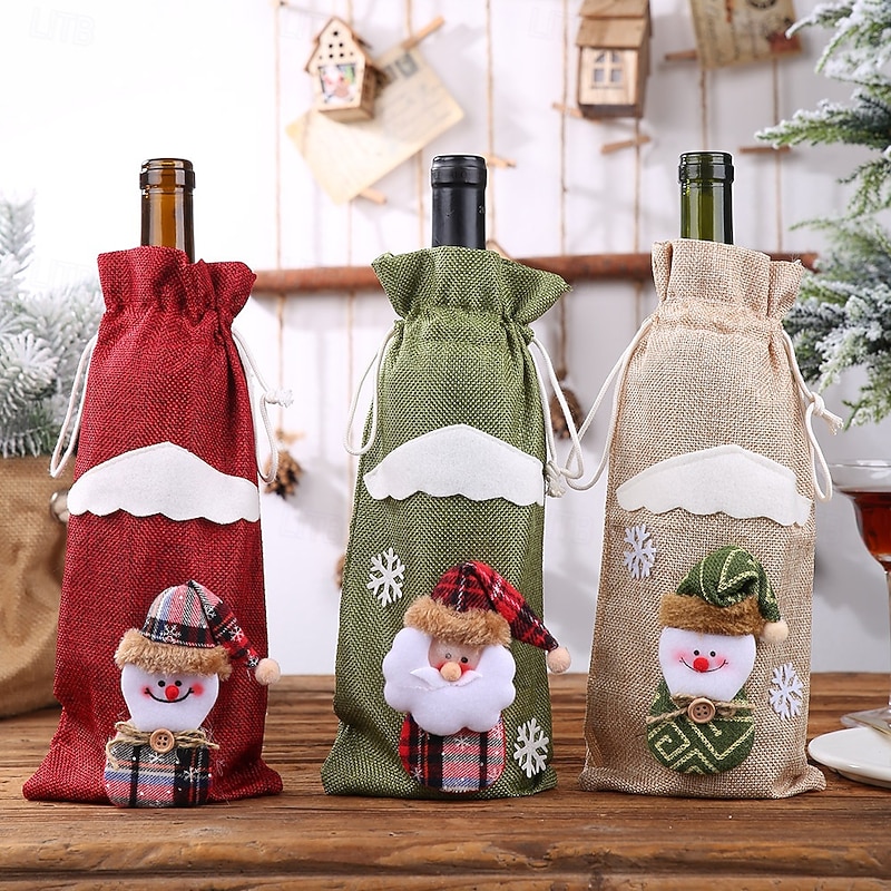 3 Pack Christmas Wine Bottle Covers, Santa Claus Champagne Bags, Holiday Red Wine Bottle Holders, Xmas Table Decorations, Reusable Gift Wrap Bags, Party Supplies for Home Decoration