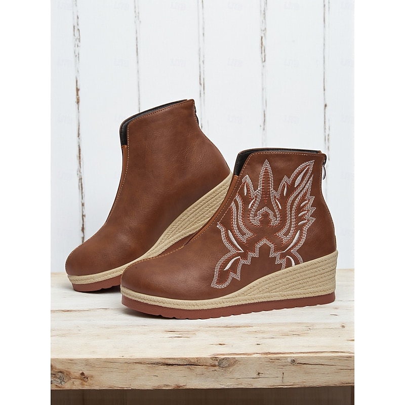 Women's Brown Wedge Ankle Boots – Faux Leather Embroidered Platform Booties for Casual Wear and Boho Outfits2