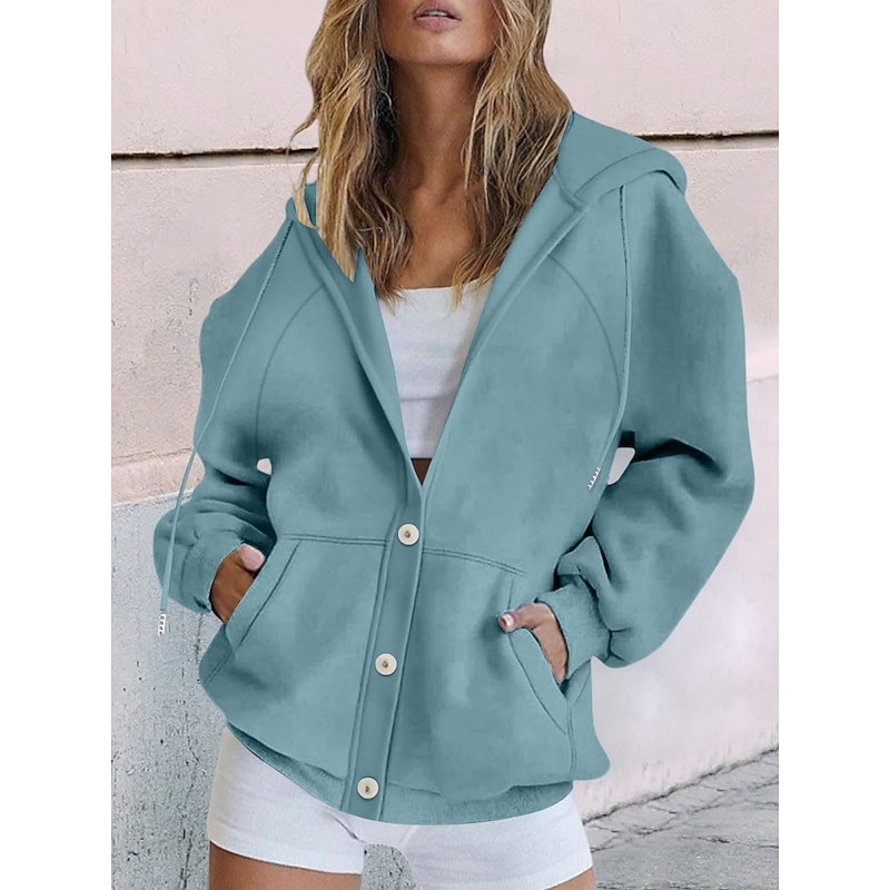 Women's Hoodie Jacket Comfortable Breathable Pocket Buttons Casual Plain Vacation Street Casual Daily Wear Single Breasted Regular Hooded Regular Fit Long Sleeve Outerwear White Yellow Blue Spring