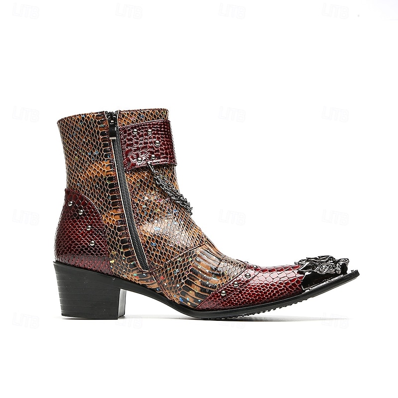 Men's Genuine Cowhide Leather Snakeskin Pattern Ankle Boots with Dual Buckles – Rock Punk Style Casual and Party Footwear4