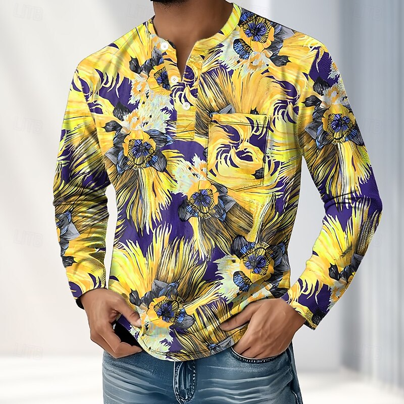 Men's Floral Print Henley Shirt T shirt Tee Long Sleeve Retro Vintage Casual Casual Spring Fall Blue Yellow Orange Henley Henley T-Shirt3