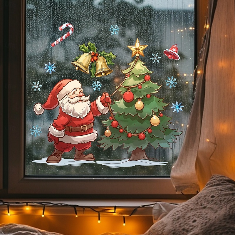 Christmas Sticker Wall Decals Cartoon Santa Claus Christmas Tree Snowflake Removable Vinyl Mural Holiday Party Living Room Glass Window Door Background Wall Decoration For Home2