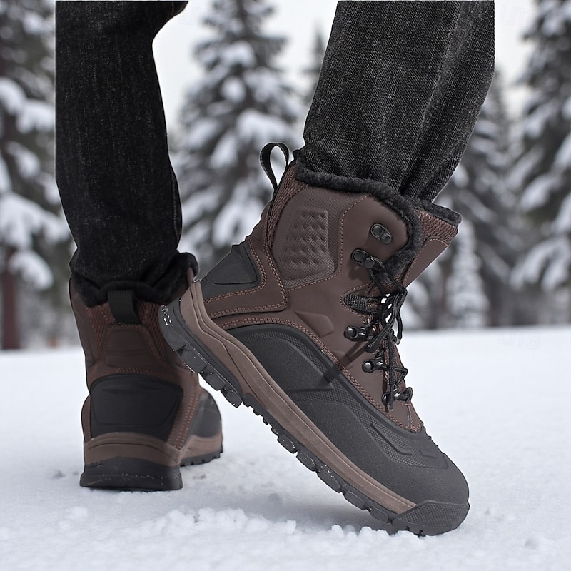 Men-s Winter Snow Boots with Fur Lining, Waterproof Insulated Warm Lace-Up Outdoor Shoes for Cold Weather