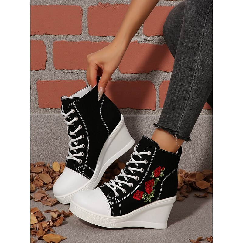 Women's Black Canvas Wedge Sneakers with Red Rose Embroidery, Lace-Up Platform Casual Shoes for Streetwear, Holloween Parties and Festivals3